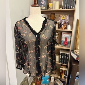 Tess Sheer Black Floral Button-Front Women’s Blouse
